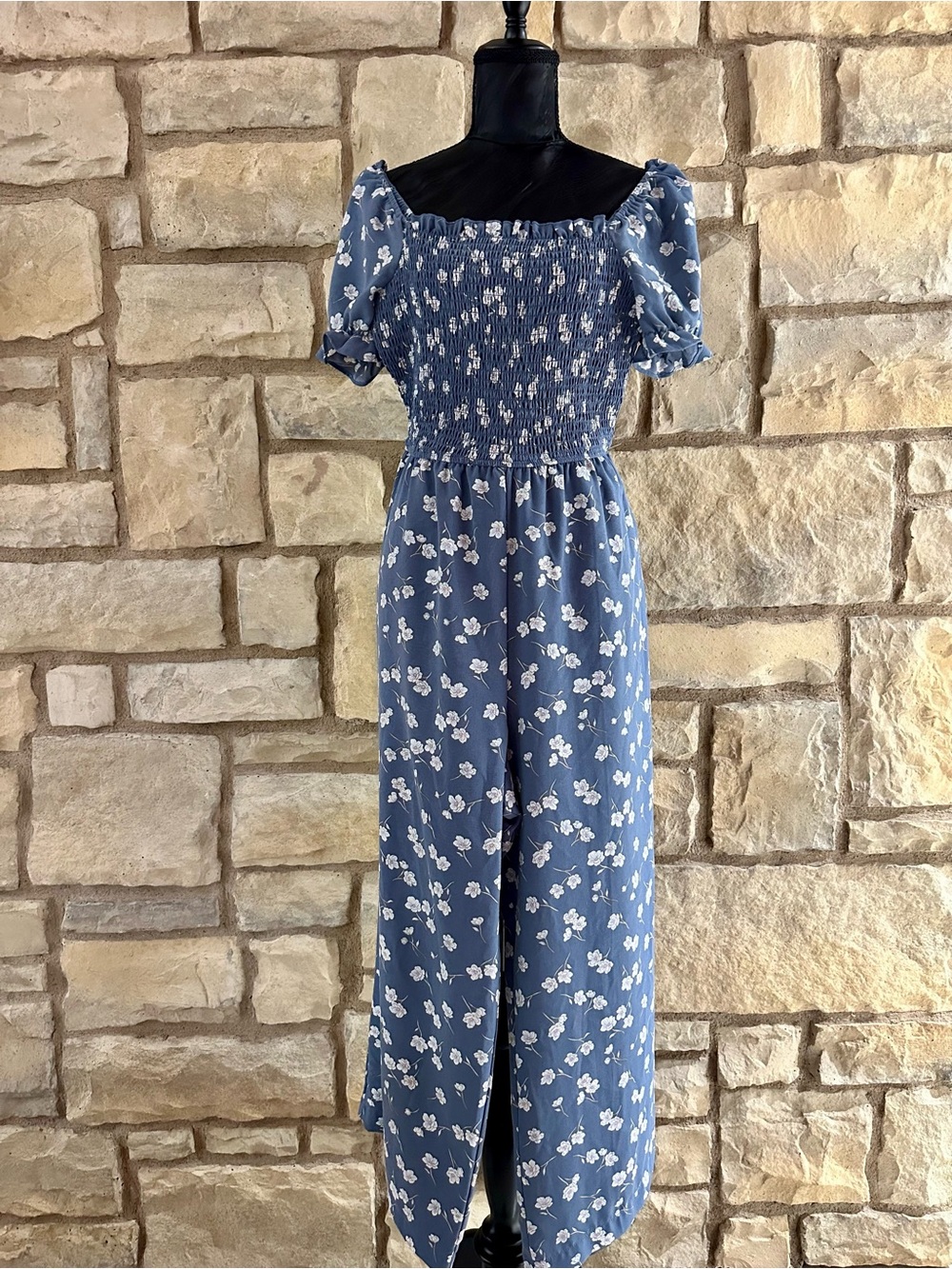 Blue Floral Smocked Wide-Leg Jumpsuit